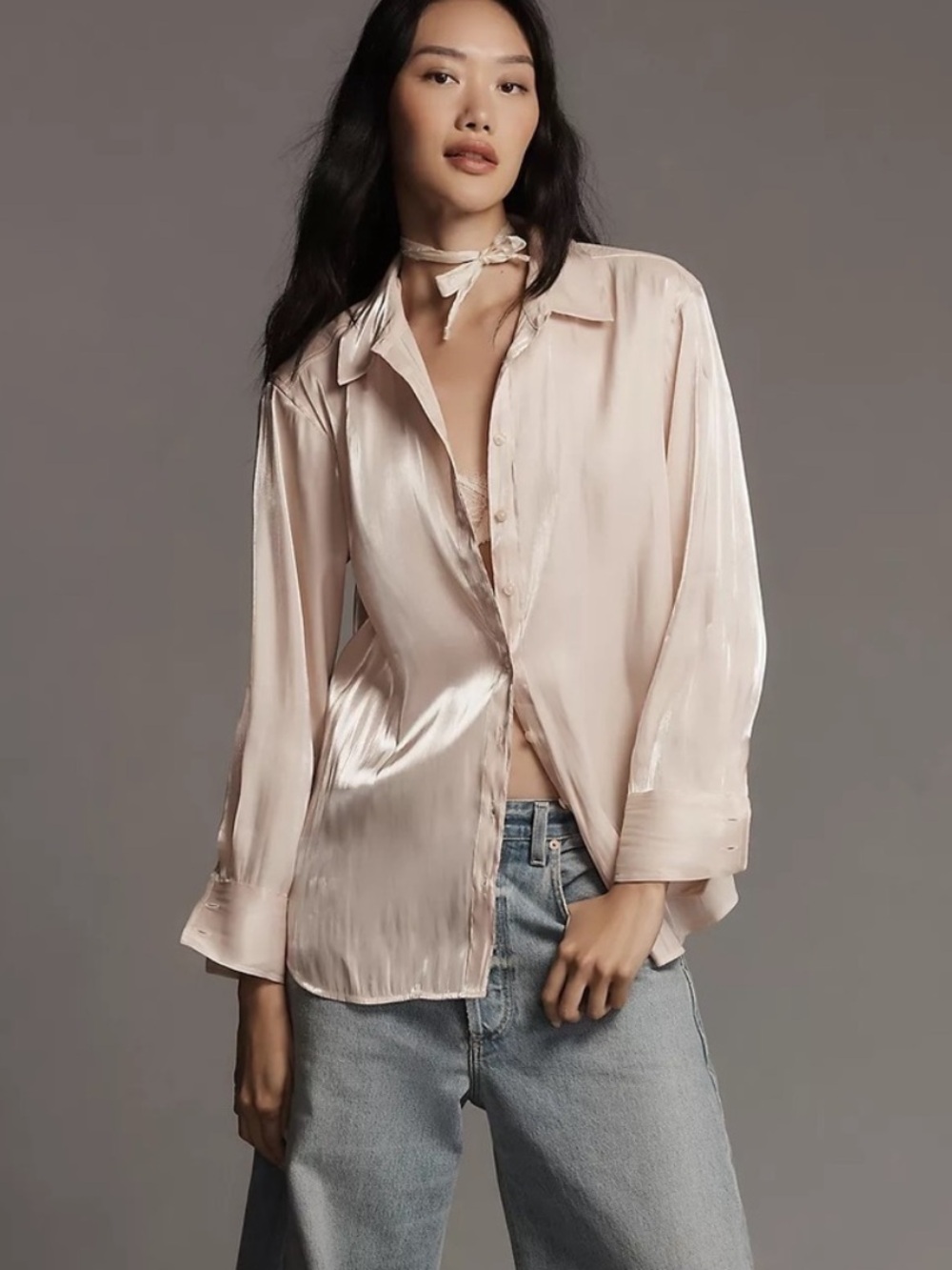 By Anthropologie Champagne Silky Iridescent Button Down Shirt Size M